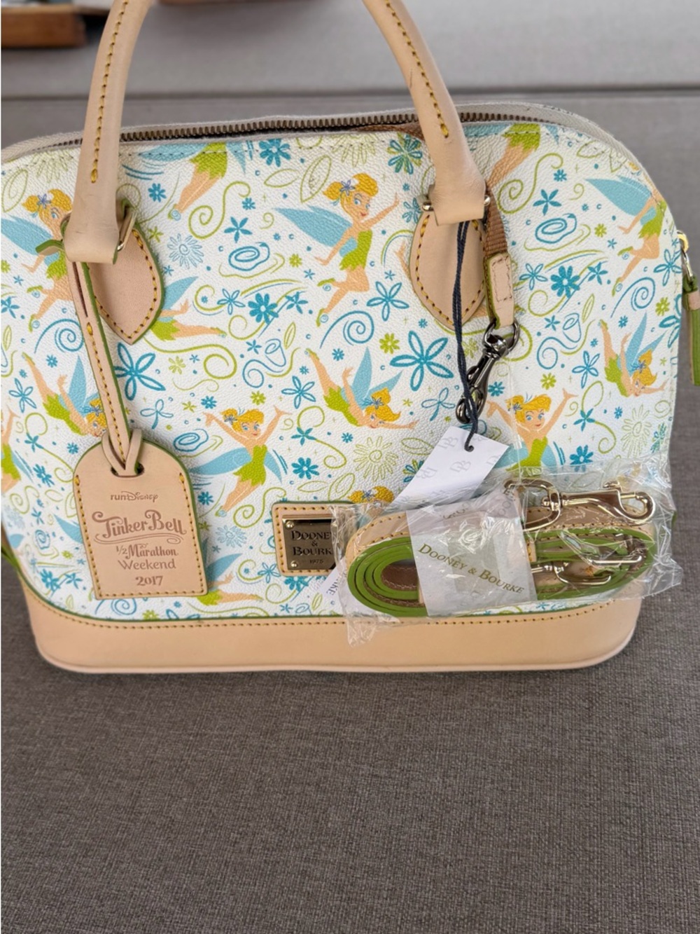 Tinker Bell Printed Dome Satchel Handbag - Beige Trim